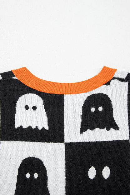 Halloween Ghost Checkered Short Sleeve Knit Sweater