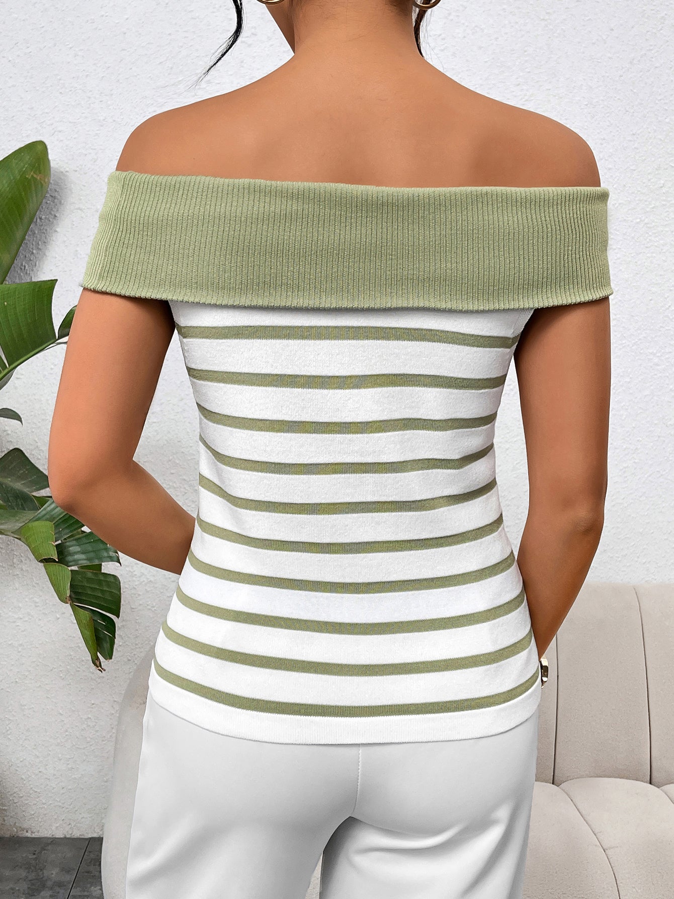 Off Shoulder Striped Knit Top Button Front Sweater Women