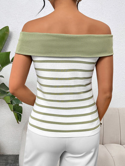 Off Shoulder Striped Knit Top Button Front Sweater Women