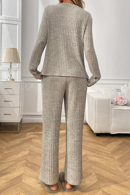Cozy Ribbed V Neck Lounge Set with Wide Leg Pants