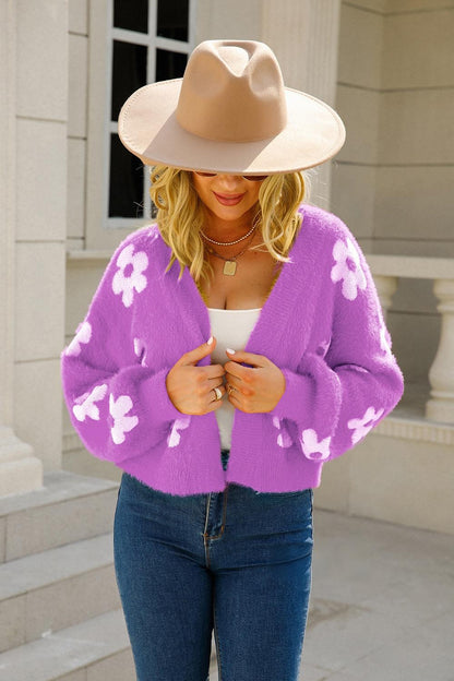 Floral Knit Crop Cardigan - Fuzzy V-Neck Sweater