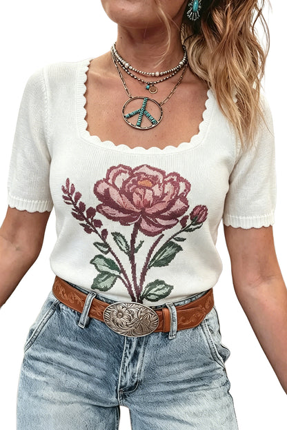 Western Floral Knit Top Square Neck Short Sleeve Sweater