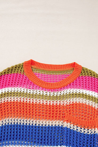 Orange Stripe Colorblock Hollowed Crochet 3/4 Sleeve Sweater