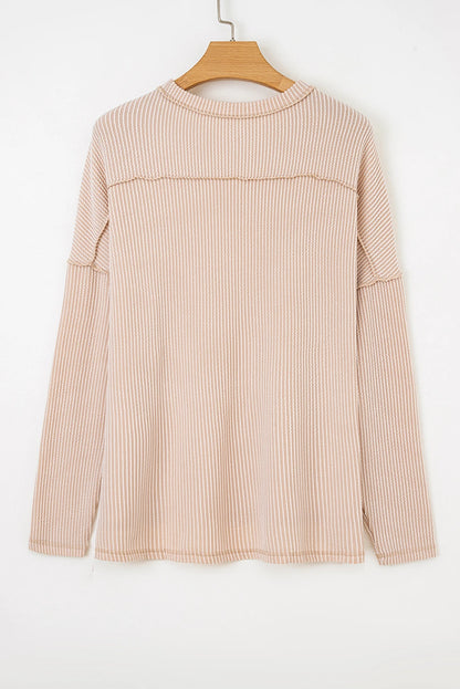 Parchment Sequin Christmas Tree Exposed Seam Drop Shoulder Ribbed Long Sleeve Top