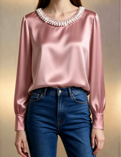 Elegant Satin Pearl Neck Blouse Long Sleeve Top