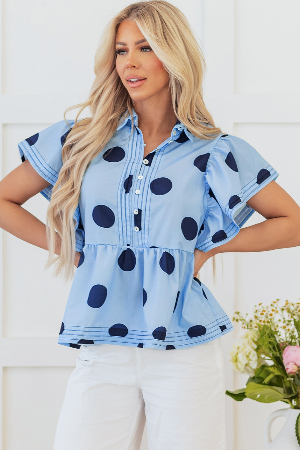 Women Polka Dot Ruffle Sleeve Button Blouse