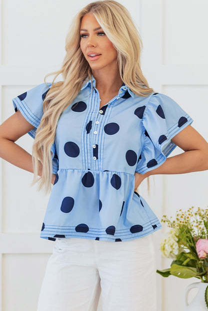 Women Polka Dot Ruffle Sleeve Button Blouse