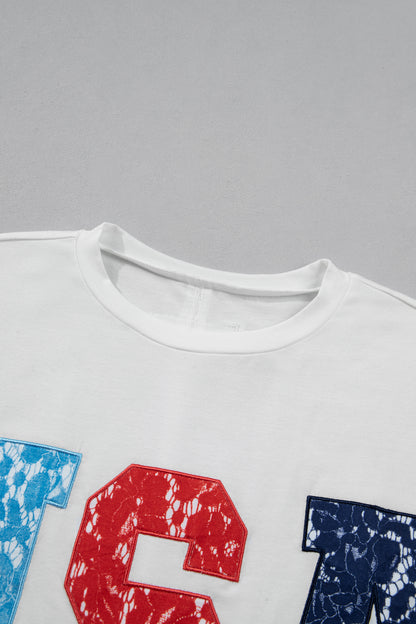 USA Lace Letter Dolman Tee Flag Day July 4th Top
