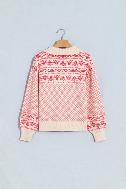 Sachet Pink Cozy Abstract Print Button Stand Neck Casual Sweater