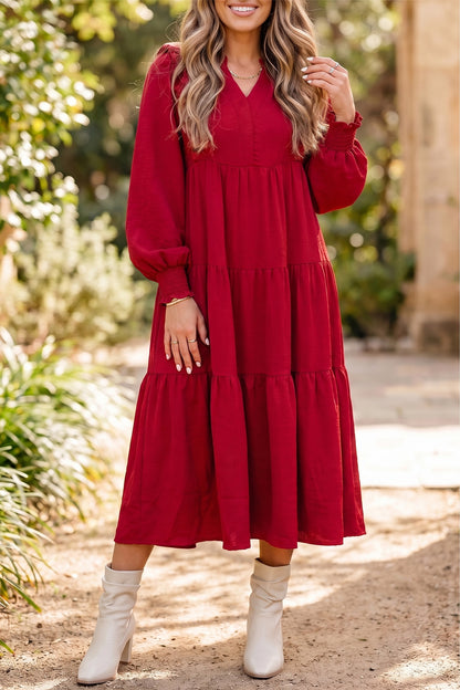 Red Ruffle V-Neck Long Sleeve Tiered Midi Dress