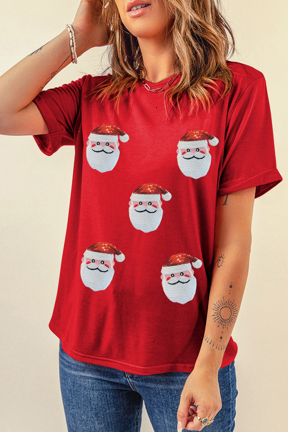 Santa Claus Graphic Christmas Faux Sequin T Shirt