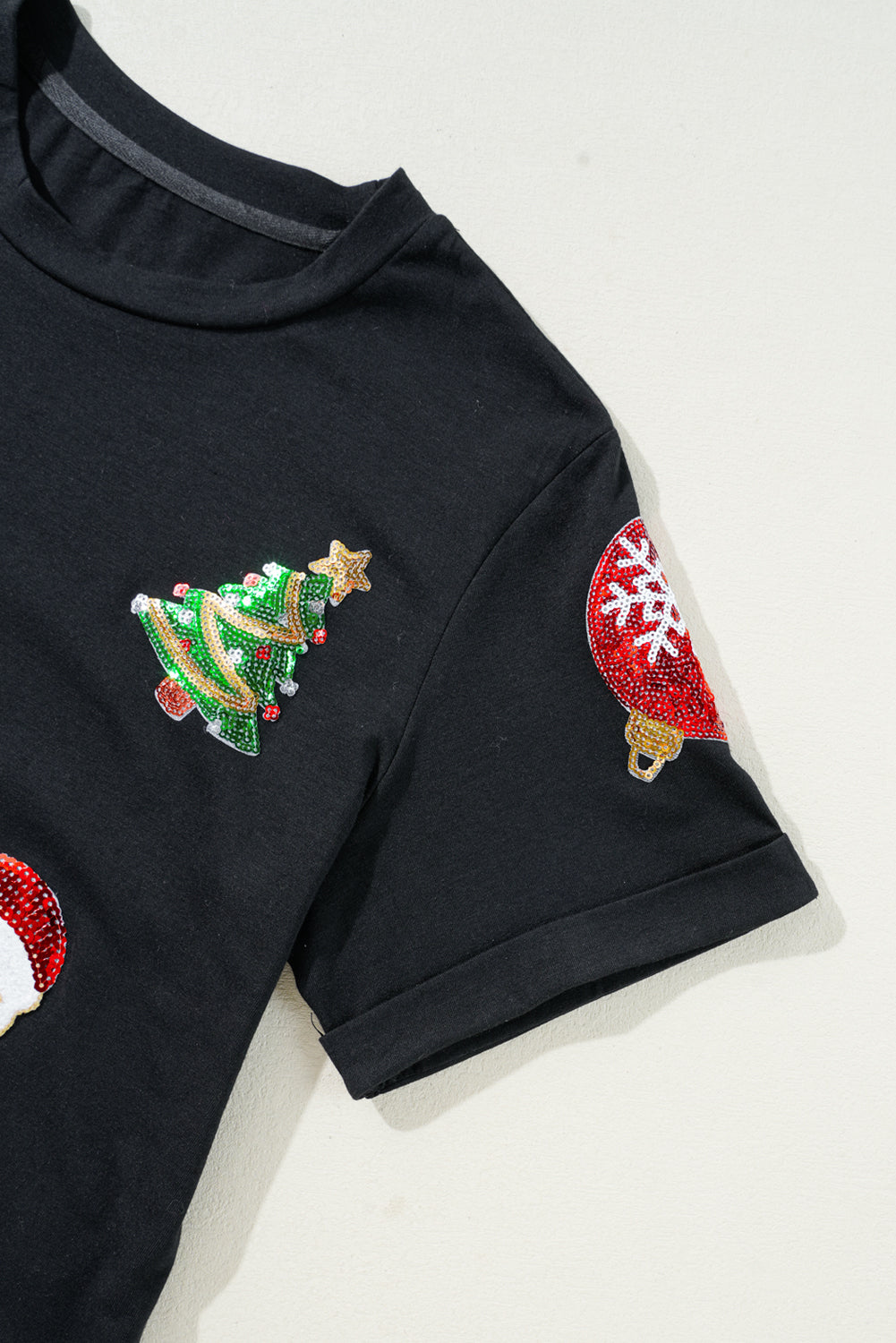Black Sequin Christmas Holiday Graphic Crewneck T Shirt