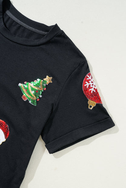 Black Sequin Christmas Holiday Graphic Crewneck T Shirt