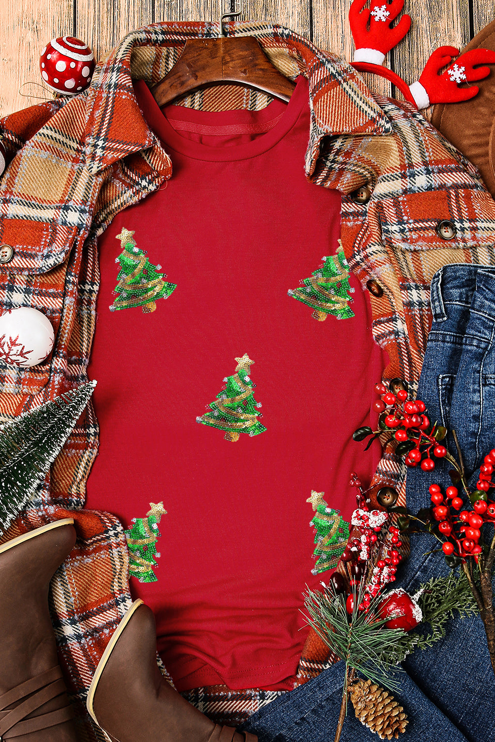 Sequin Christmas Tree Holiday Graphic Red Crewneck Tee