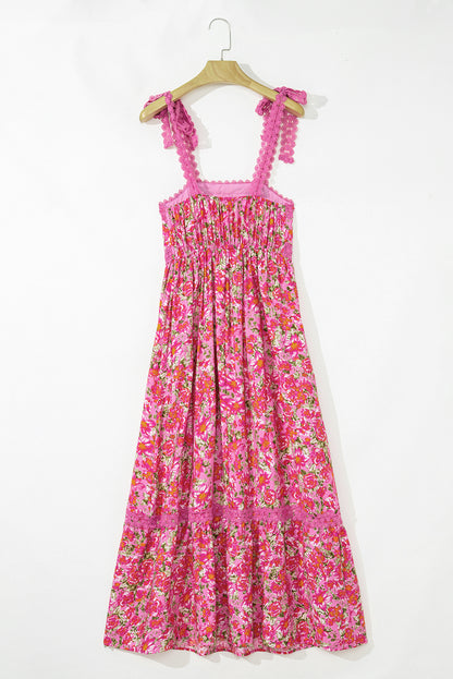Pink Floral Lace Strap Empire Waist Maxi Dress