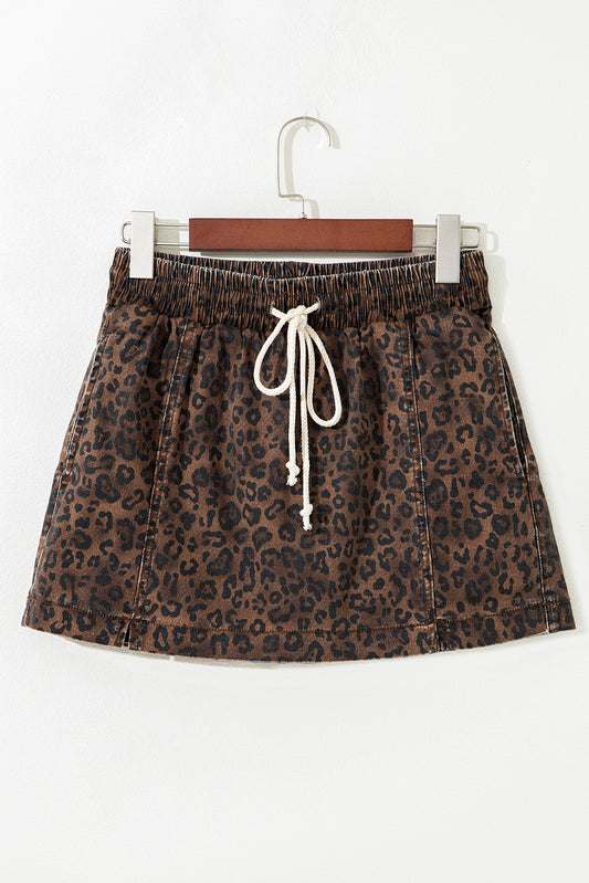 Leopard Print Drawstring Skort Casual High Waist Mini