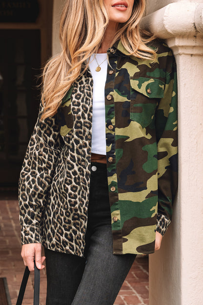 Leopard and Camo Patchwork Button Down Oversized Shacket