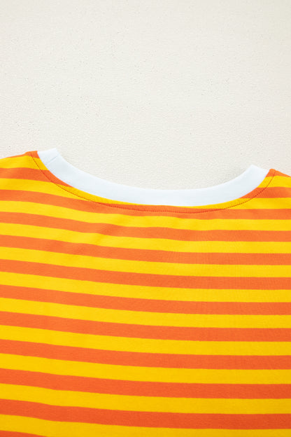 Sky Blue Striped Contrast Neck Drop Shoulder Loose Tee