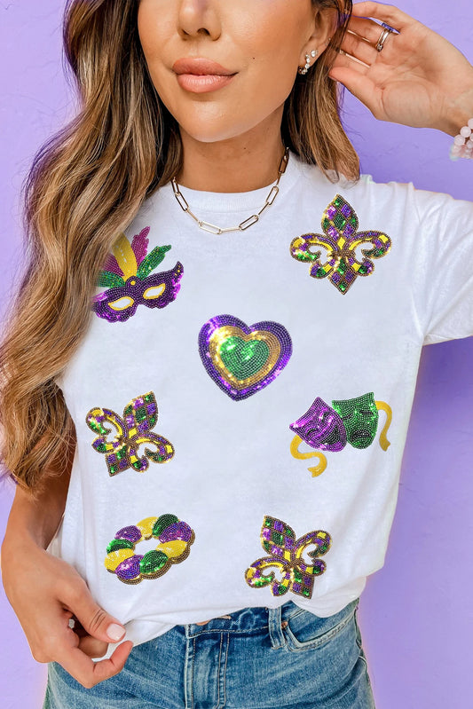 White Mardi Gras Sequin Symbol Graphic Crew Neck Tee