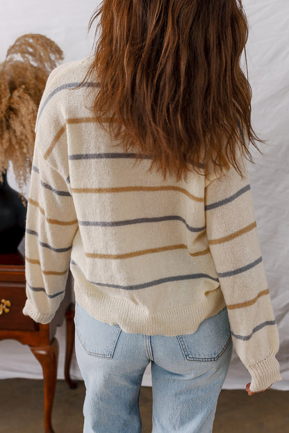 Women’s Striped V Neck Button Front Drop Shoulder Cardigan