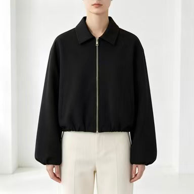 Women's Cropped Zip Polo Collar Jacket Balloon Sleeve
