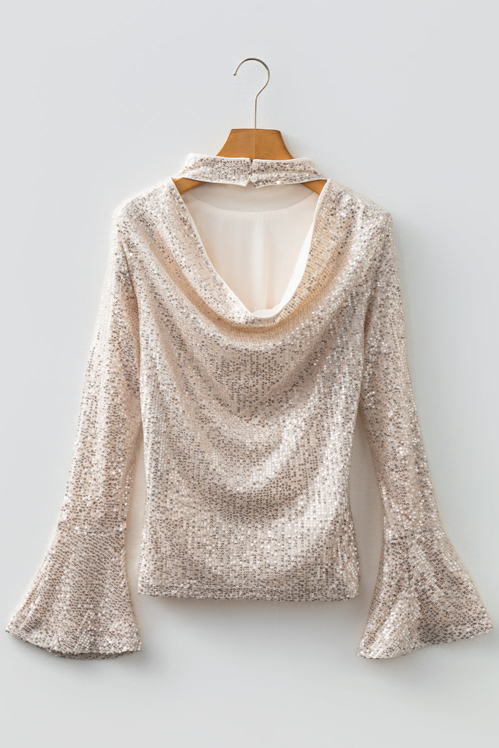 Sparkly Black Sequin Mock Neck Open Back Bell Sleeve Top