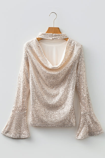 Sparkly Black Sequin Mock Neck Open Back Bell Sleeve Top