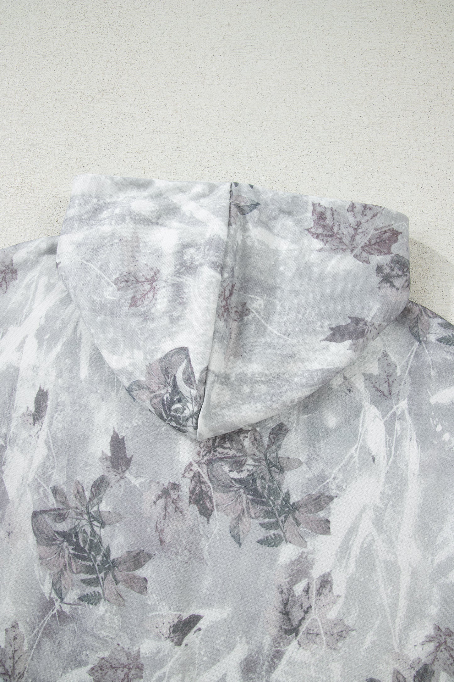 Gray Camo Leaf Print Quarter Zip Hoodie with Pocket