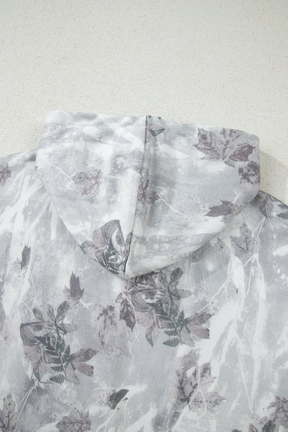 Gray Camo Leaf Print Quarter Zip Hoodie with Pocket