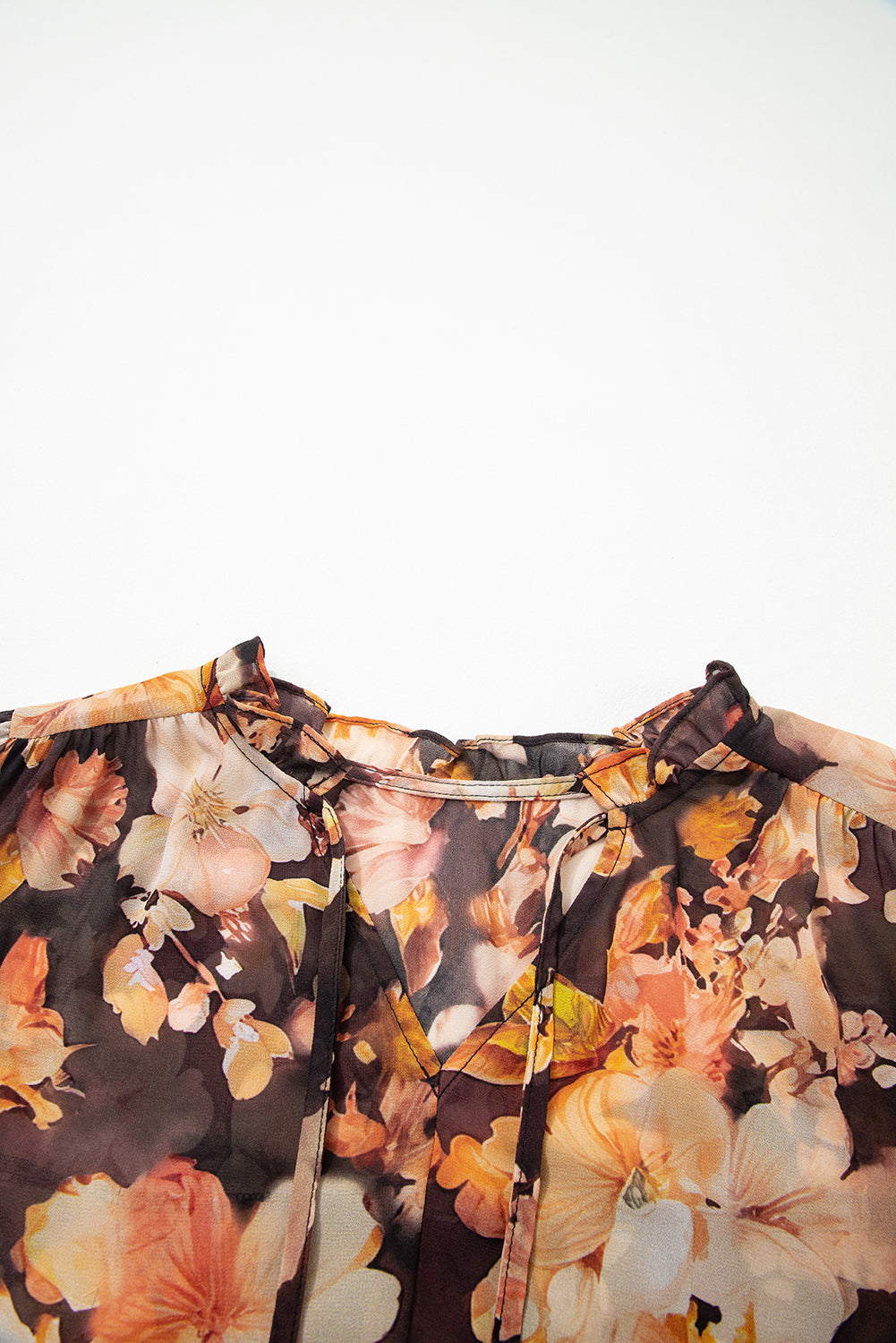 Black Floral Print V Neck Long Sleeve Smocked Cuff Blouse