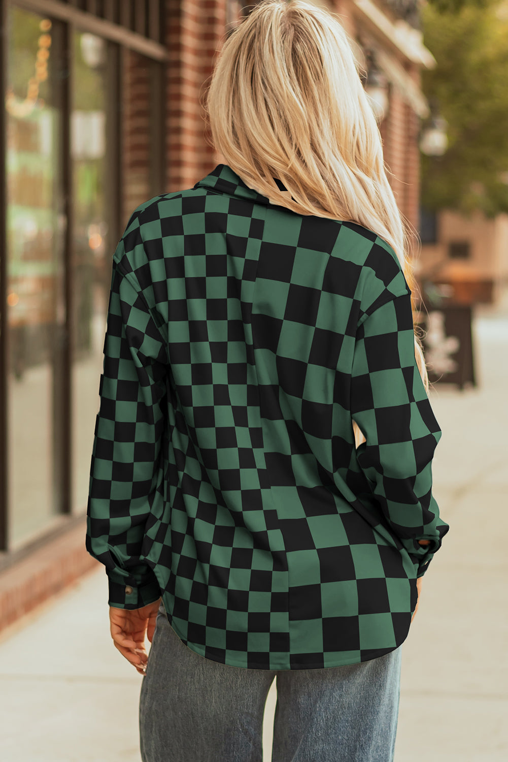 Checkerboard Print Flap Pocket Button Front Shacket