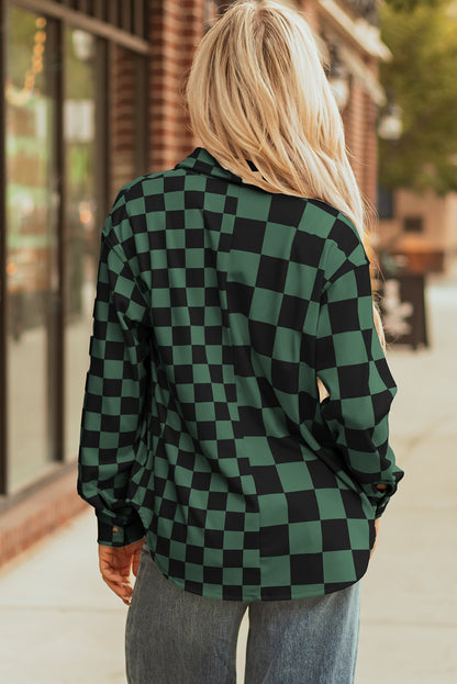 Checkerboard Print Flap Pocket Button Front Shacket