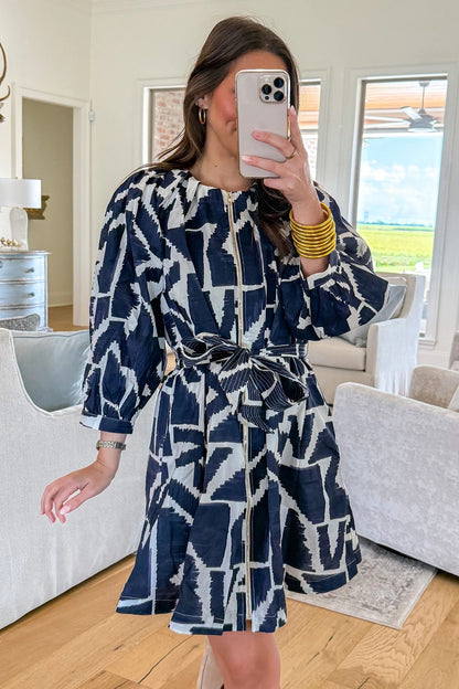 Blue Abstract Print Zip Front Tie Waist Mini Dress