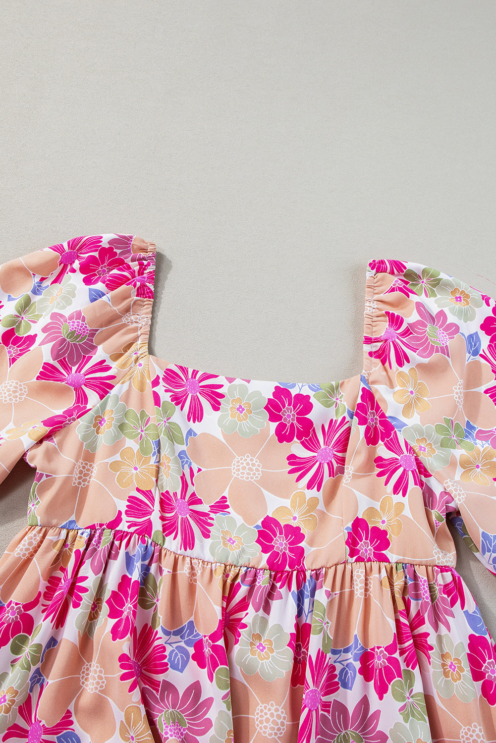 Pink Floral Square Neck Puff Sleeve Babydoll Dress