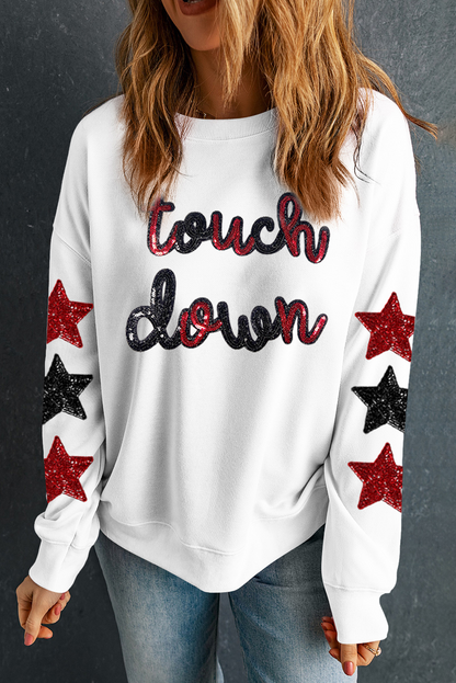 Beige Sequin Touchdown Star Sleeve Game Day Sweatshirt