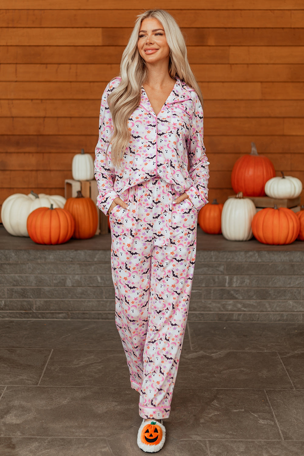 Pink Halloween Ghost Bat Print Pajama Set for Women