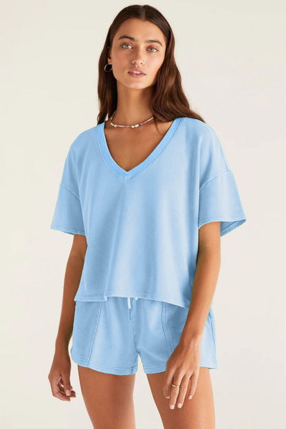 Pink V Neck Lounge Set Drawstring Shorts 2 Piece Set