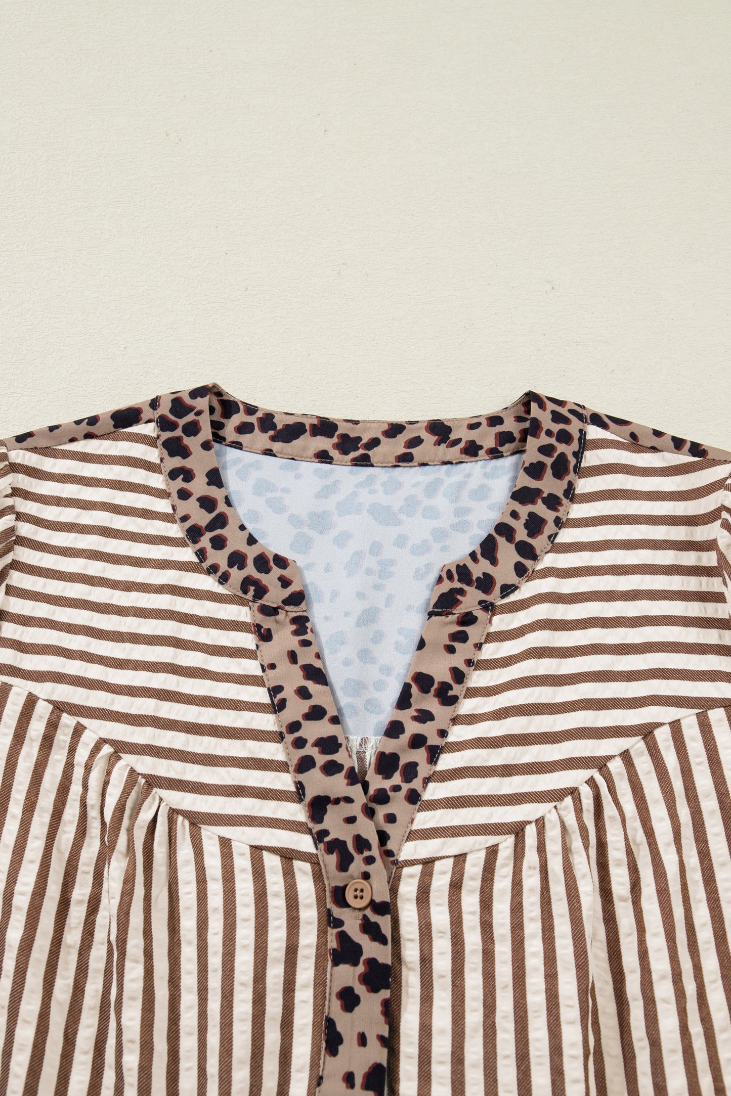 Brown Stripe V Neck Button Down Top with Leopard Trim Detail