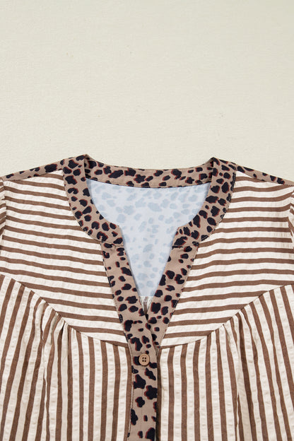 Brown Stripe V Neck Button Down Top with Leopard Trim Detail