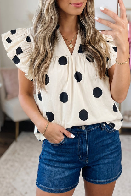 Polka Dot Ruffle Sleeve V Neck Shift Blouse Top