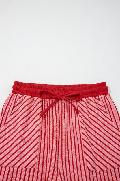 Khaki Stripe Crew Neck Tee Drawstring Waist Cropped Pants Set