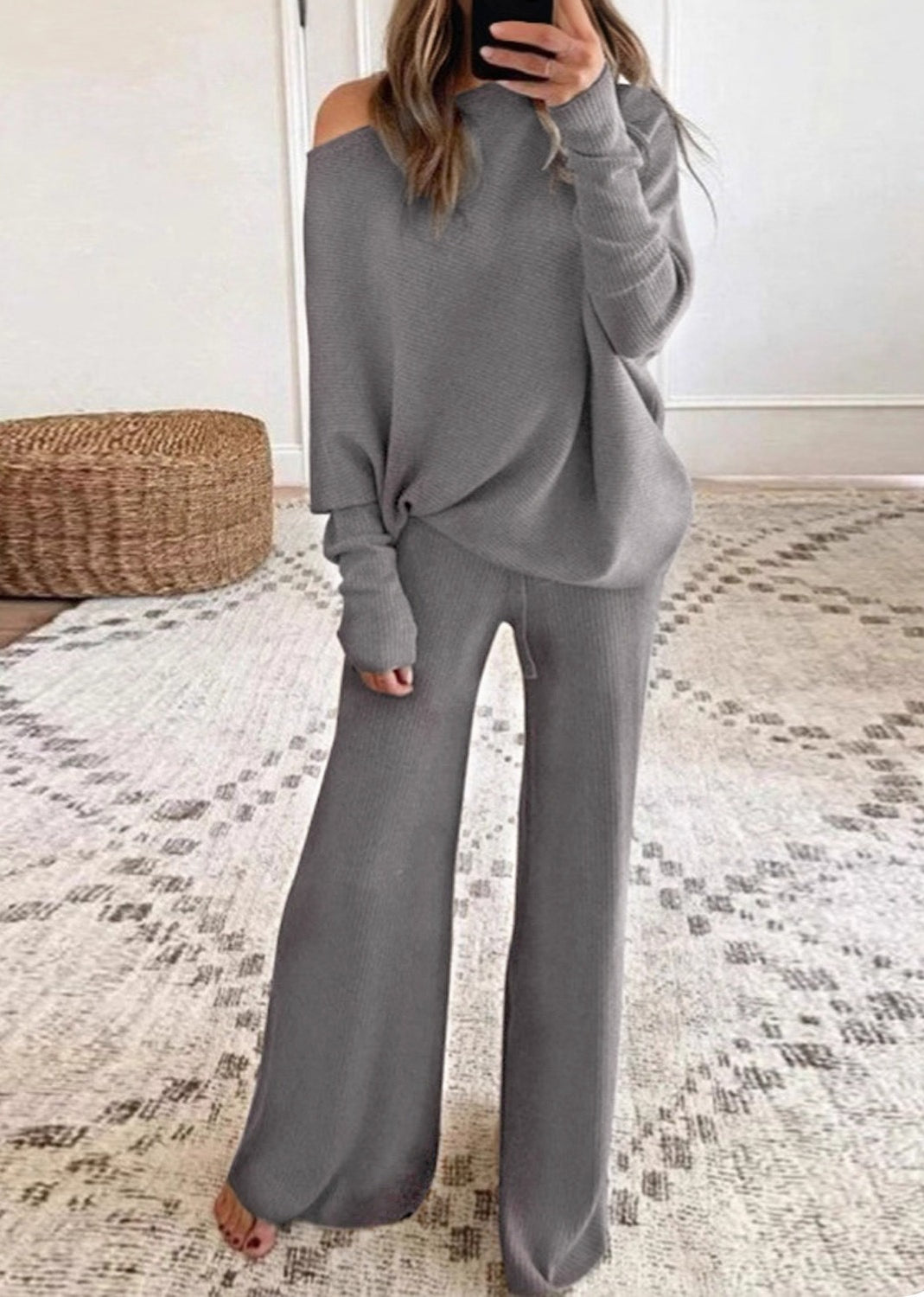 Women's Off Shoulder Knit Sweater Wide Leg Pants Lounge Set