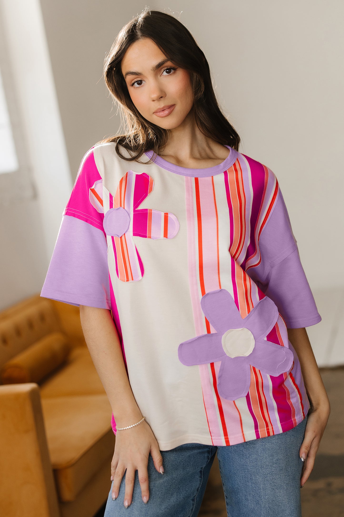 Pink Striped Color Block Flower Patched Half Sleeve Loose Top