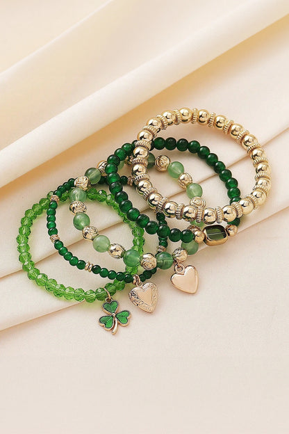 Green St Patrick 5PCS Lucky Clover Heart Charm Bracelet Set
