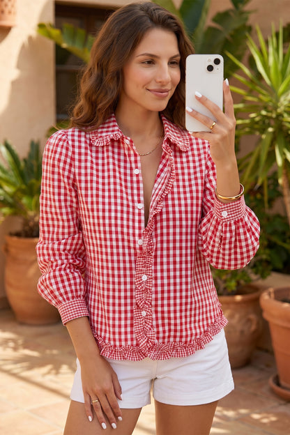 Gingham Plaid Ruffle Button Down Shirt Puff Sleeve