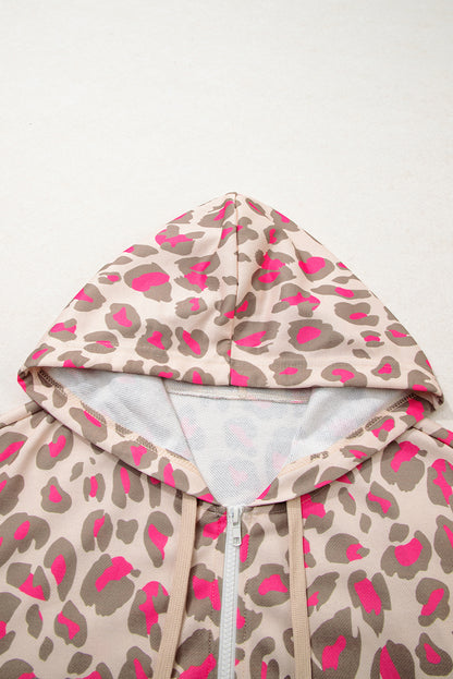 Rose Leopard Print Zip Up Hoodie with Pockets