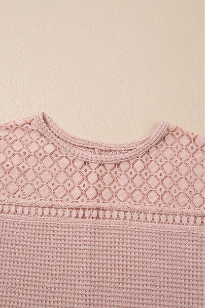 Mist Green Lace Patchwork Waffle Knit Summer Top