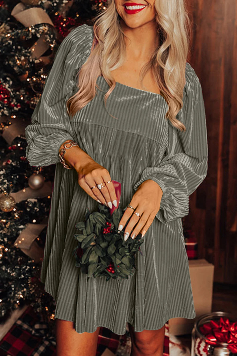Velvet Square Neck Babydoll Dress with Tie Back Detail