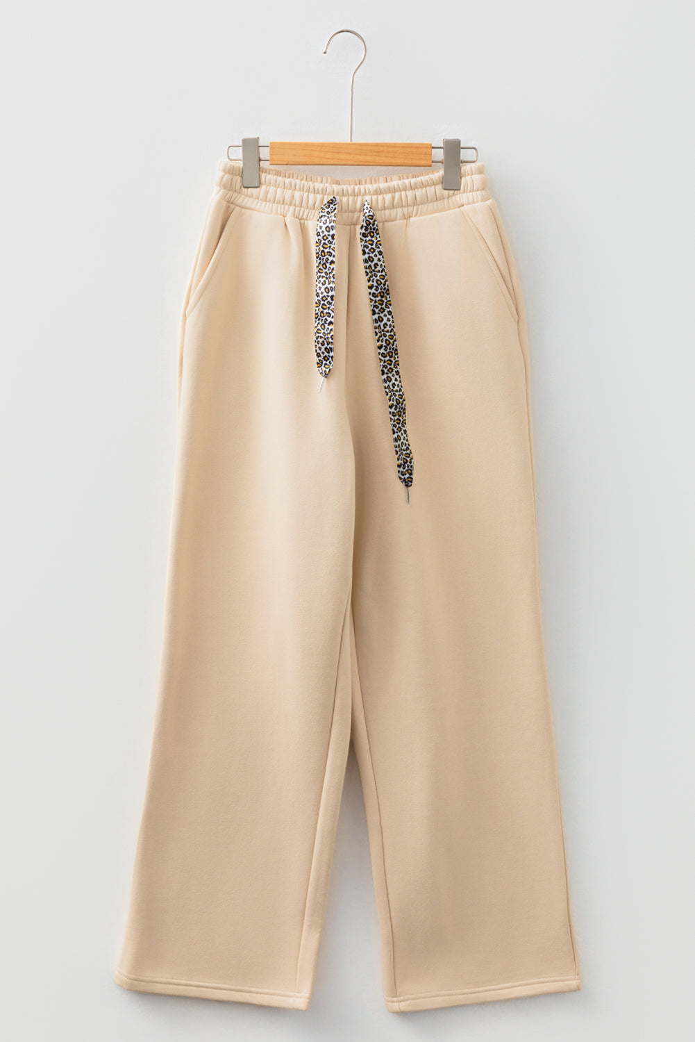 Black Fleece Lined Leopard Drawstring Elastic Waist Solid Pants
