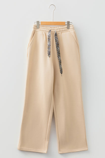 Black Fleece Lined Leopard Drawstring Elastic Waist Solid Pants
